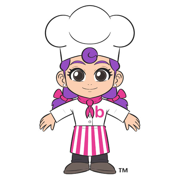 colorized drawing of a young girl with purple hair in a chef outfit