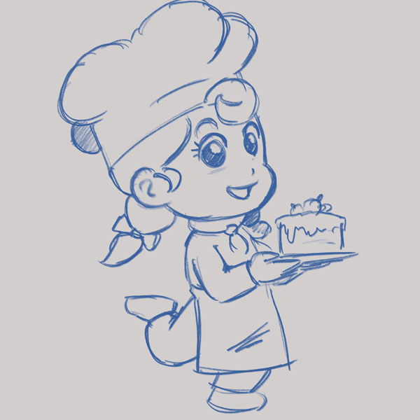 rough sketch of a young girl in a chef outfit holding a cake