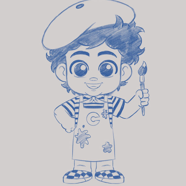 rough sketch of a young boy wearing painters clothing