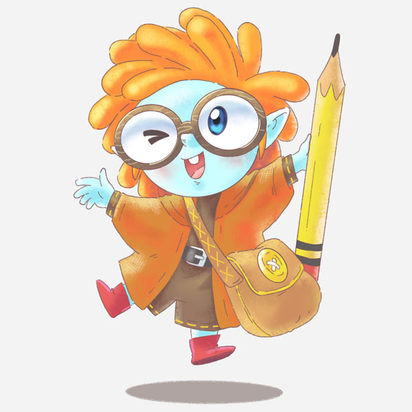 hand drawn character with blue skin, orange hair, and large round glasses