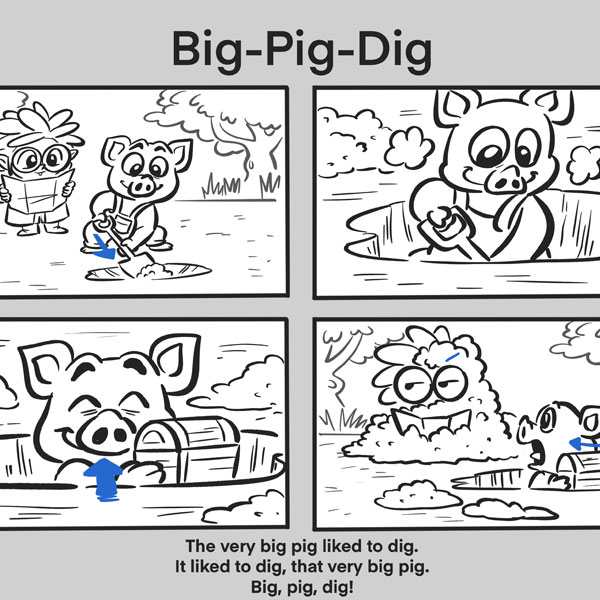 animation story board showing a big pig digging a hole