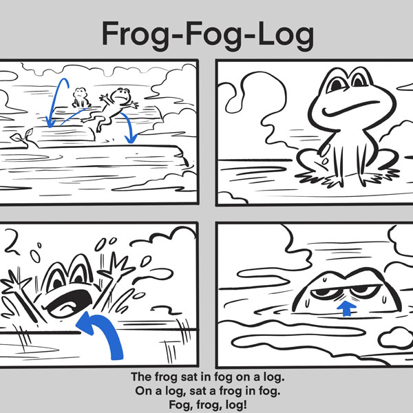 animation story board showing a frog sitting on a log in fog