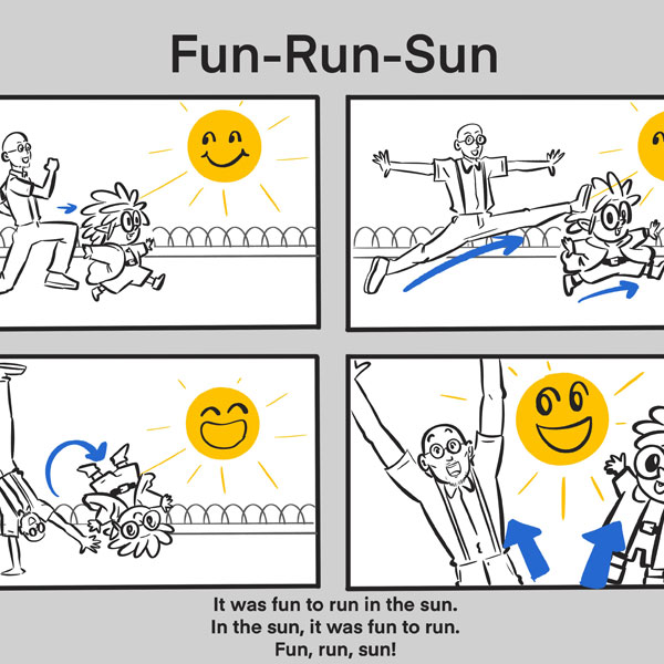 animation story board showing a man and child running in the sun having fun