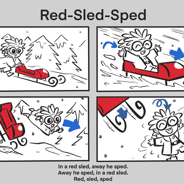 animation story board showing a child-like-character riding in a red sled down a snowy hill