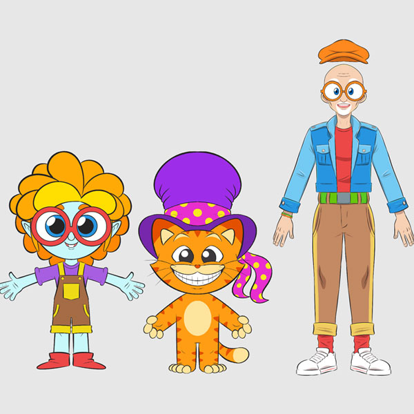 hand-drawn group of characters standing next to each other: orange cat in purple top hat, a blue humanoid character with orange and yellow hair and round glasses, and a tall man in denim jacket who is wearing round glasses
