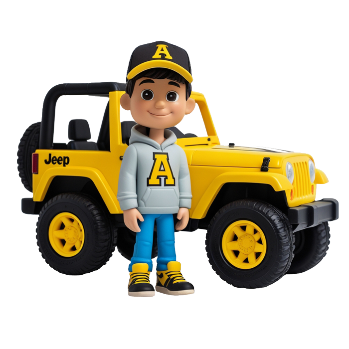 3d rendering of young boy wearing letter A next to an exploration vehicle