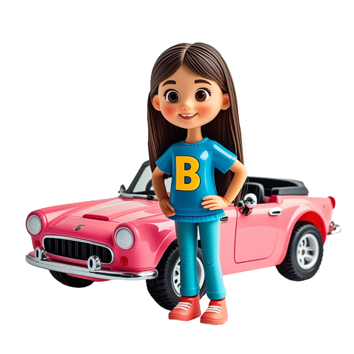3d rendering of a young girl wearing clothing with the letter B on it next to a convertable car