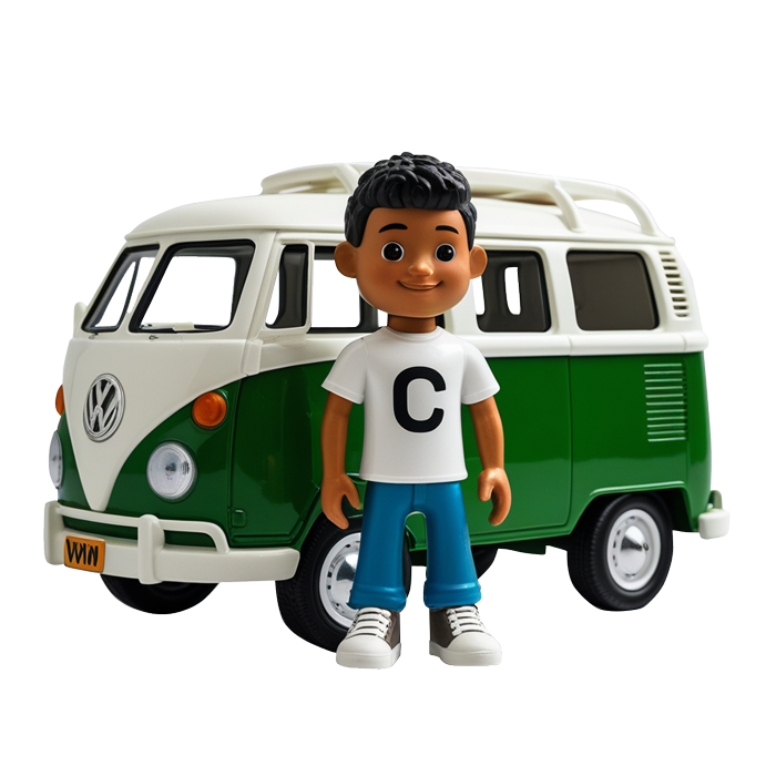 3d rendering of a young boy wearing clothing with the letter c standing by a VW Van