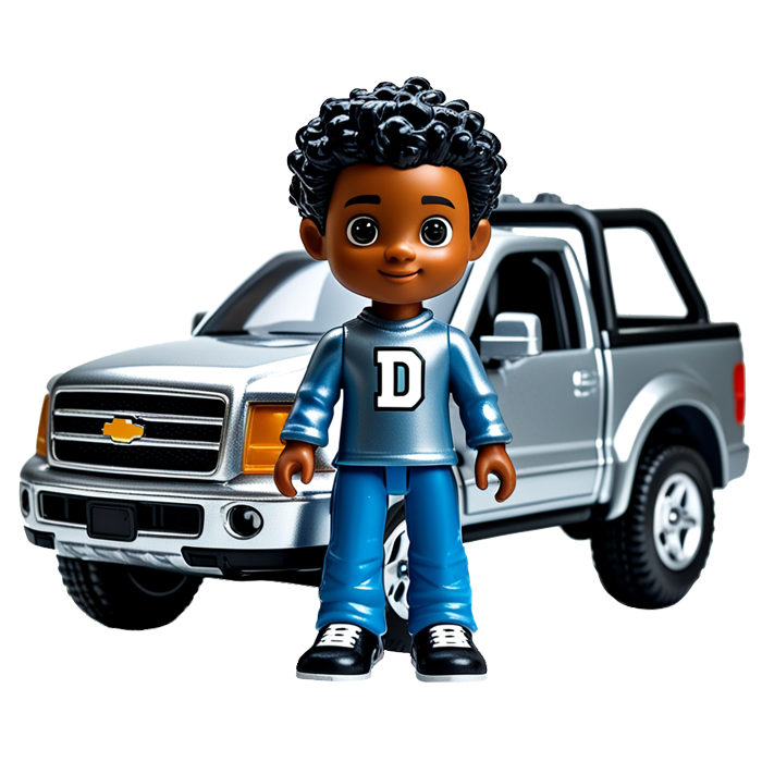 3d rendering of a young boy wearing clothing with the letter c standing by a truck