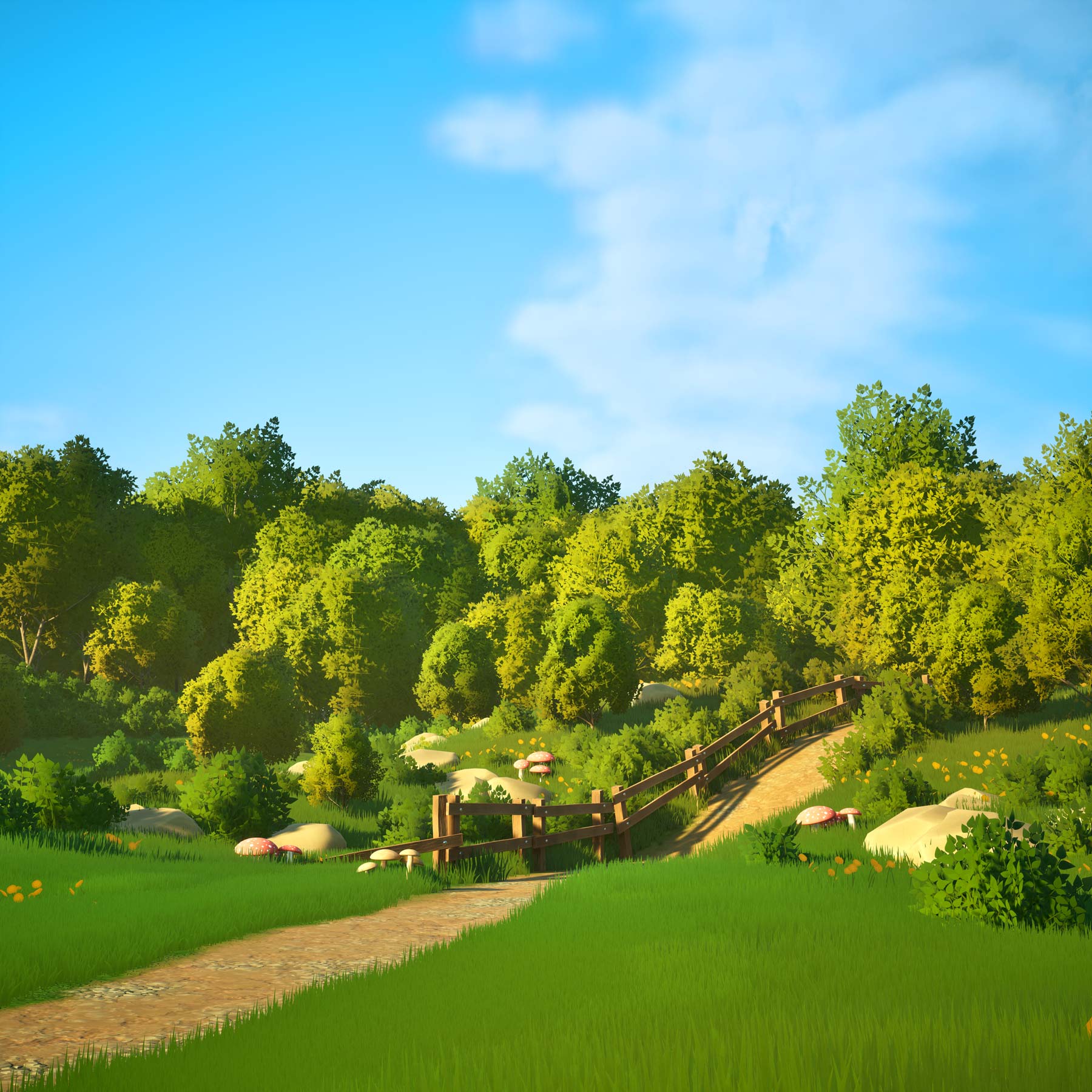 3d animation of a forest and bridge