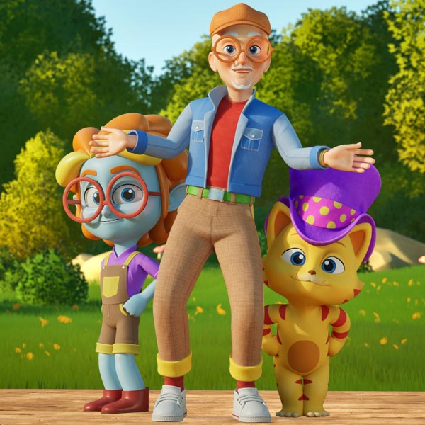 animated group of characters standing next to each other: orange cat in purple top hat, a blue humanoid character with orange and yellow hair and round glasses, and a tall man in denim jacket who is wearing round glasses