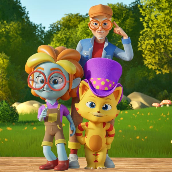 animated group of characters standing next to each other: orange cat in purple top hat, a blue humanoid character with orange and yellow hair and round glasses, and a tall man in denim jacket who is wearing round glasses
