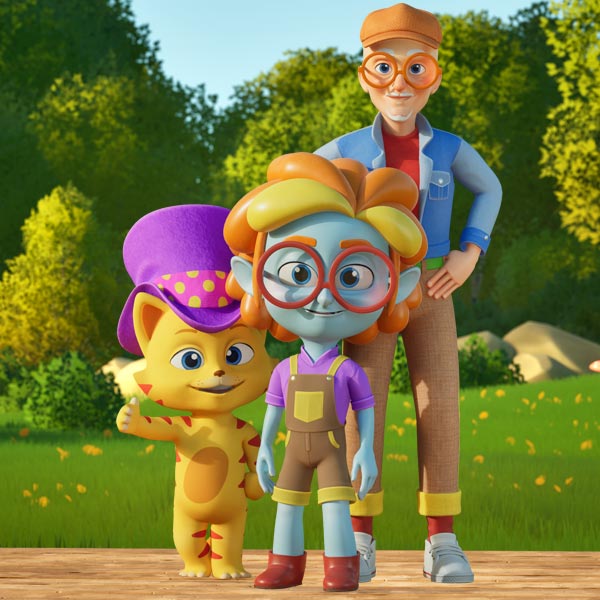animated group of characters standing next to each other: orange cat in purple top hat, a blue humanoid character with orange and yellow hair and round glasses, and a tall man in denim jacket who is wearing round glasses