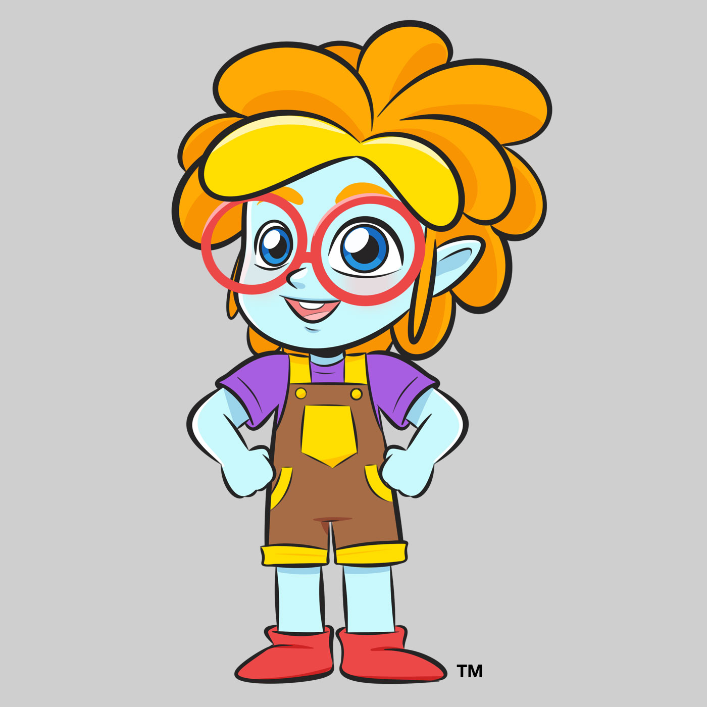 hand drawn character with blue skin, orange hair, and large round glasses