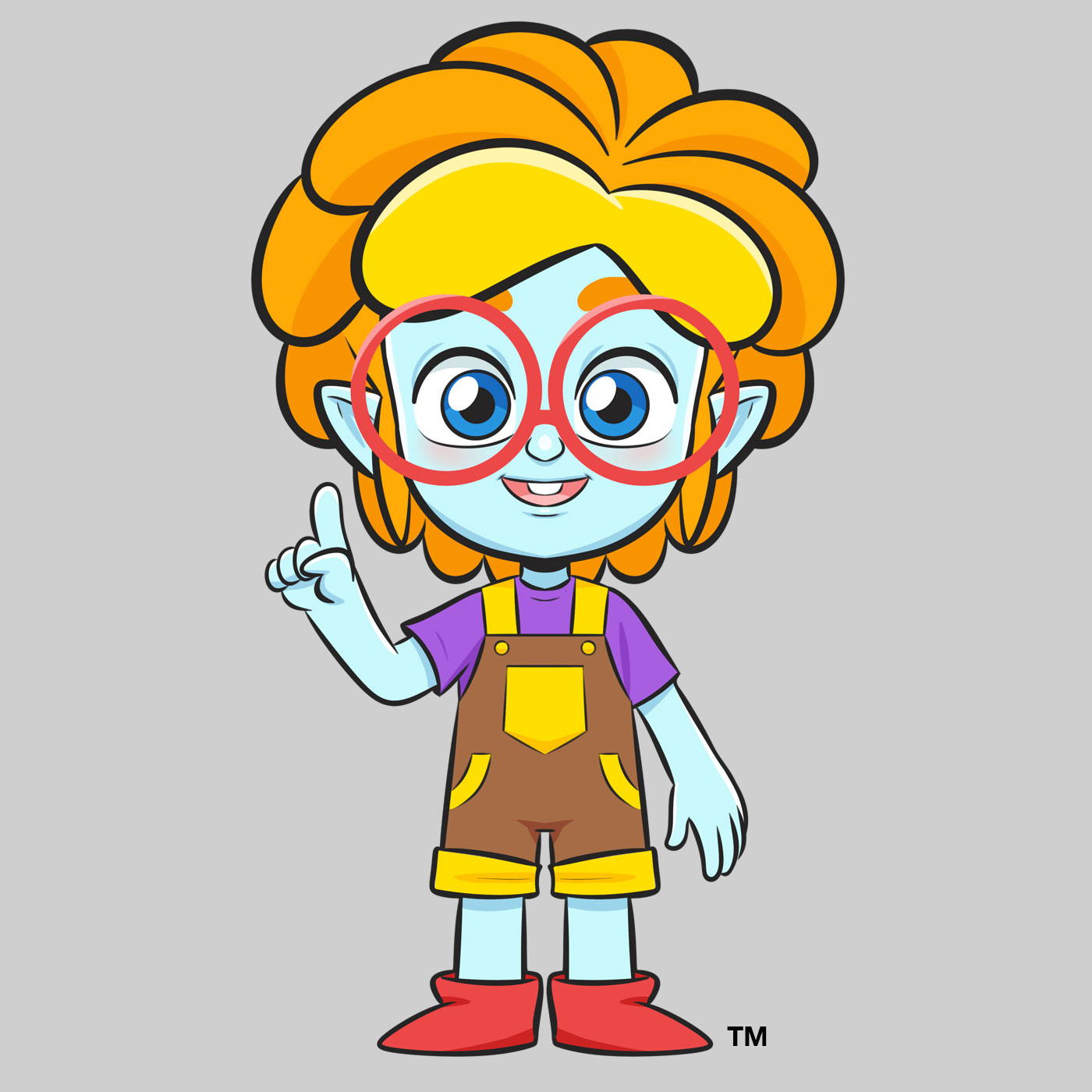 hand drawn character with blue skin, orange hair, and large round glasses