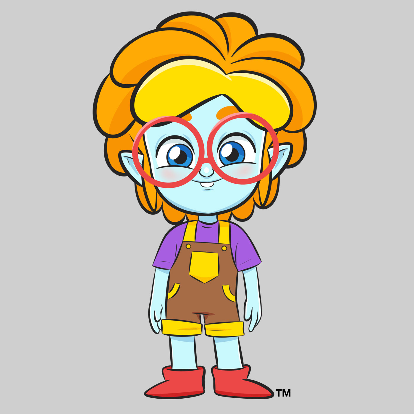 hand drawn character with blue skin, orange hair, and large round glasses