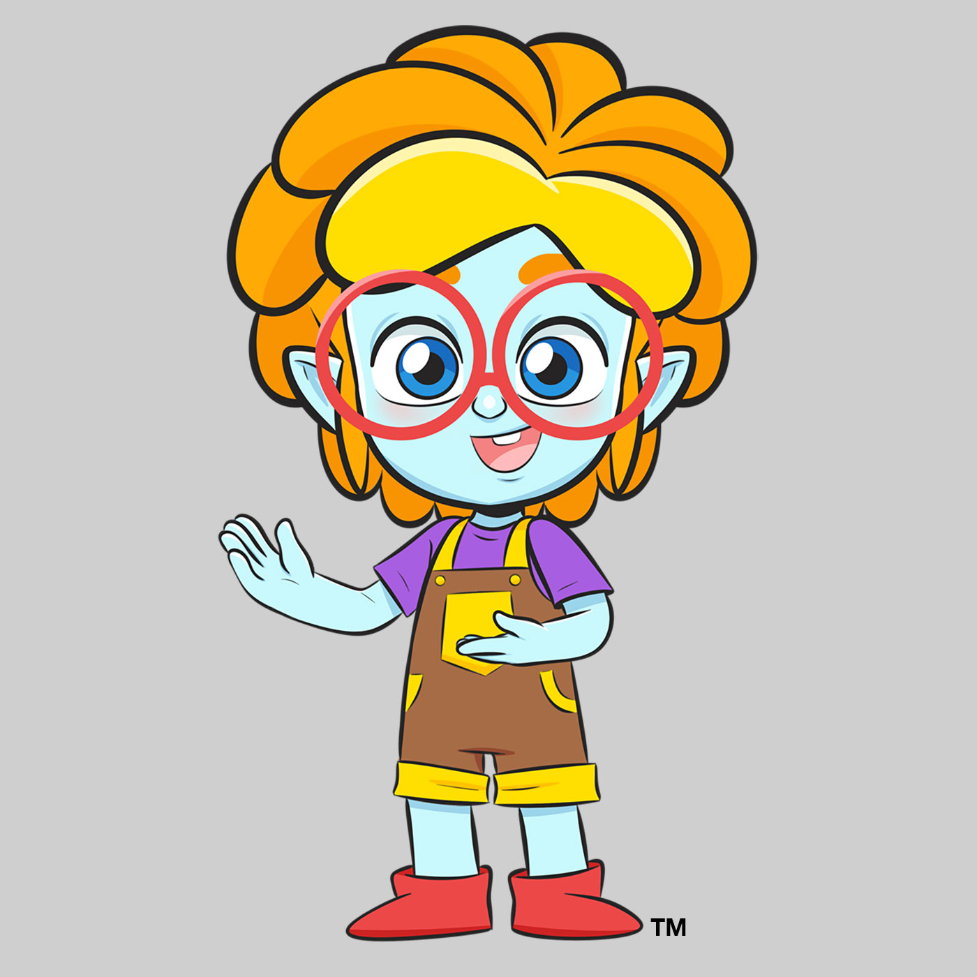 hand drawn character with blue skin, orange hair, and large round glasses
